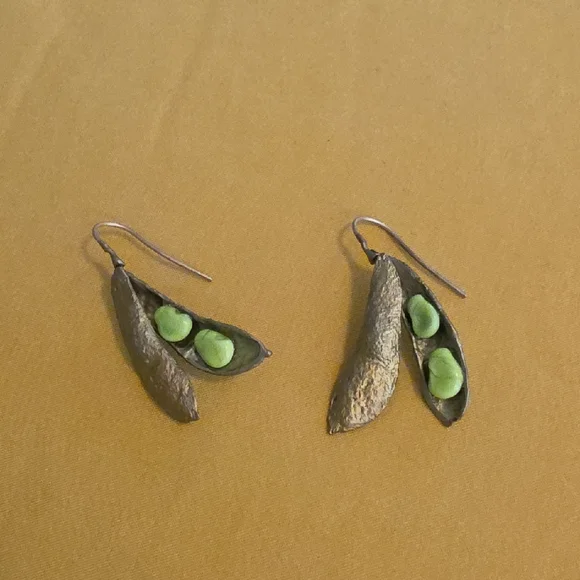 Handcrafted Green Peapod (Edamame) Drop Earrings By Designer Michael Michaud - Picture 1 of 7
